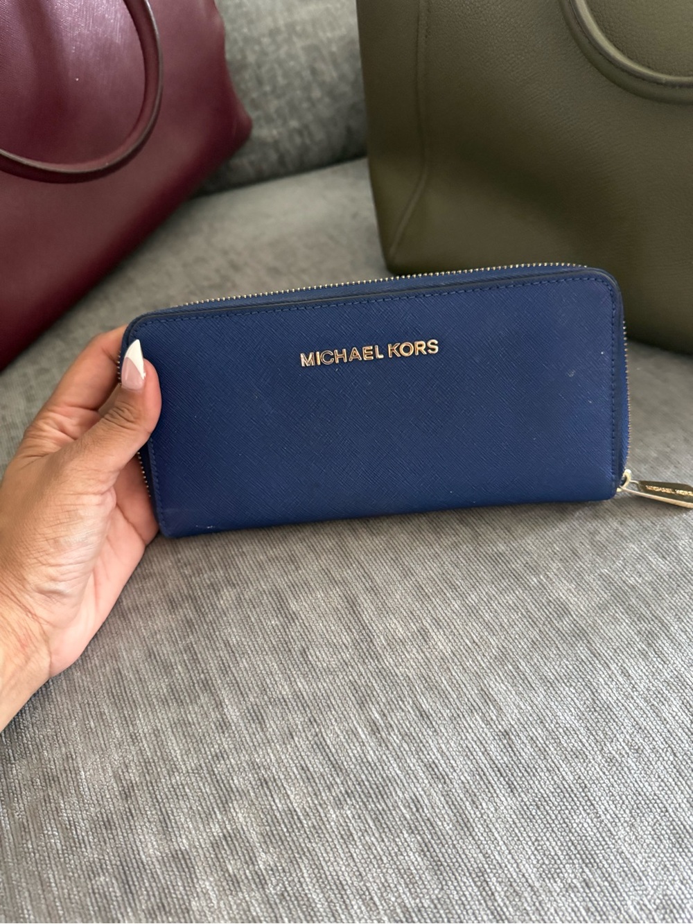 Michael Kors Navy Saffiano Zip Wallet with Gold Logo